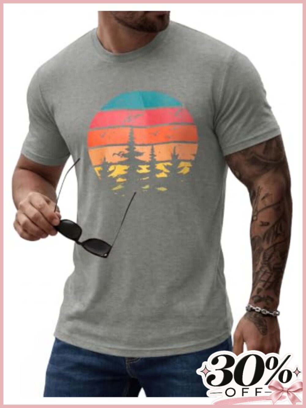 Men's Vintage Graphic Tee Sunset Forest Print Regular Fit Short Sleeve